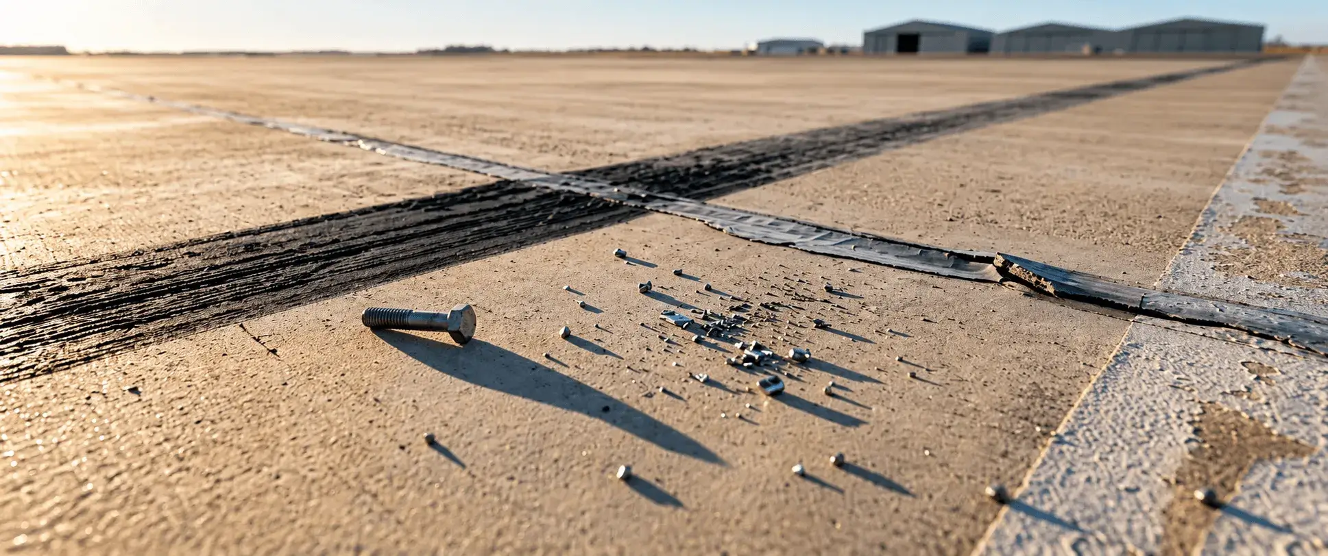 Loose bolts and metal debris lying on a concrete airfield apron, the kind of FOD a sweep pass detects and logs.