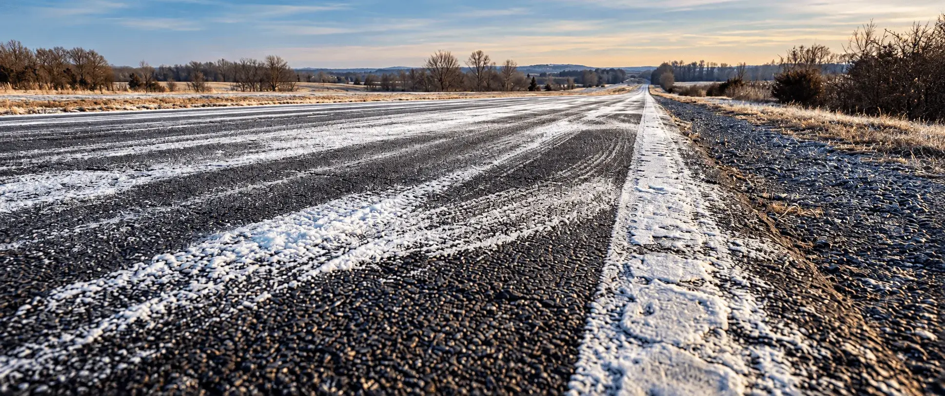 Frost and snow along the painted edge line and rumble strip of a rural highway shoulder at dawn.