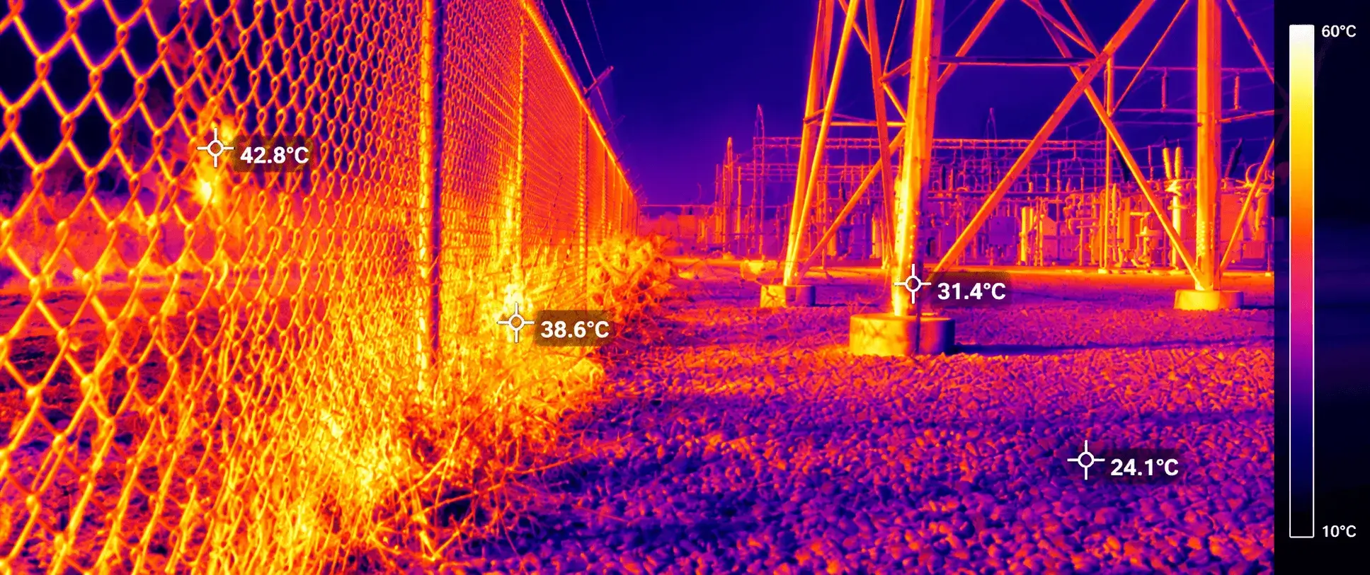 Thermal camera view of substation equipment behind a chain-link fence, with surface temperatures labelled from 24.1 to 42.8 degrees Celsius.