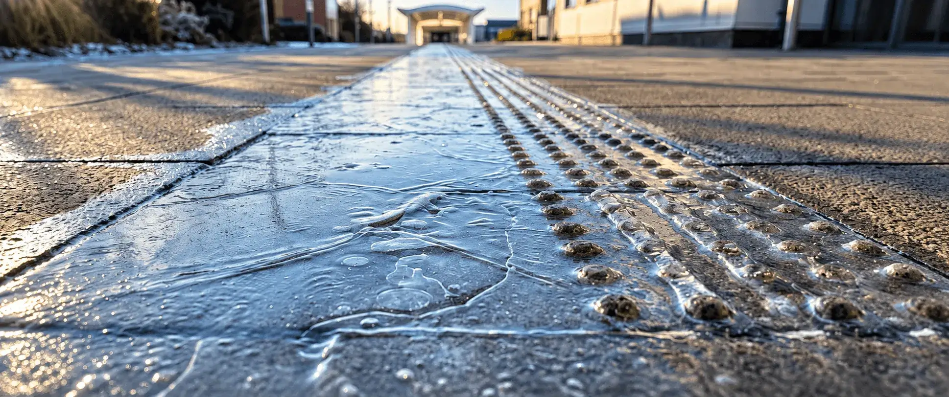 Meltwater and ice over the truncated-dome tactile paving on a hospital approach path.