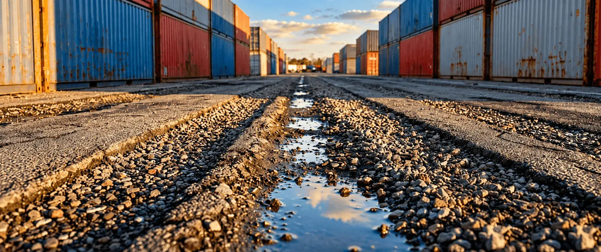Water-filled ruts and potholes in a container yard lane, with stacked shipping containers either side.