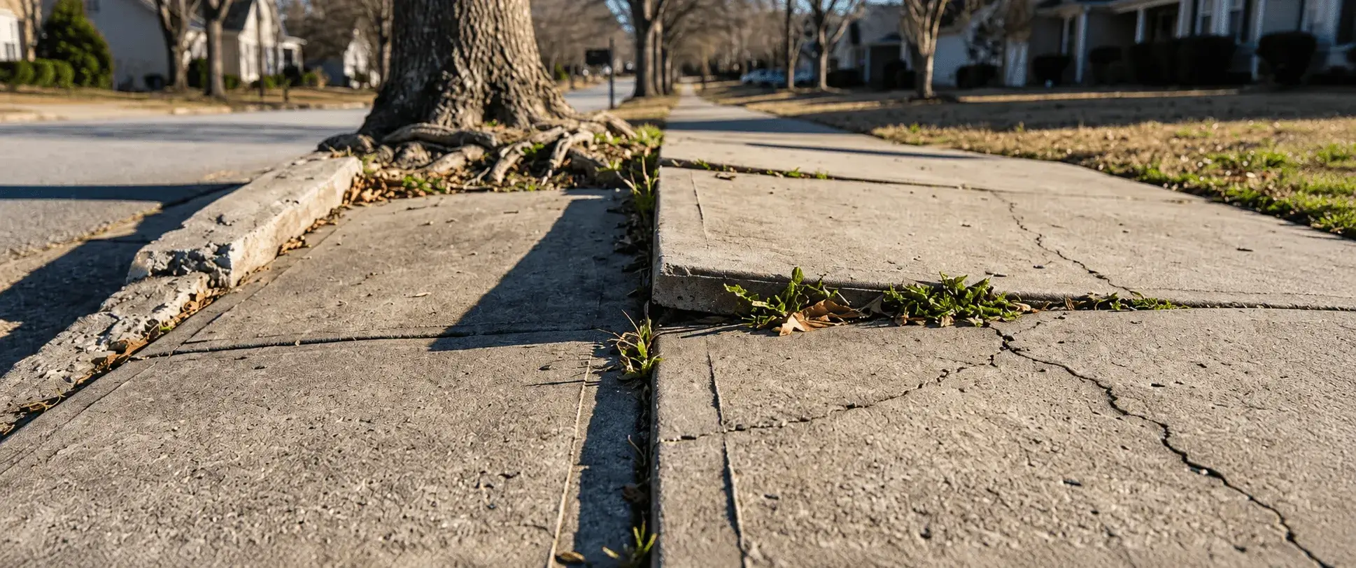 A city sidewalk slab cracked and lifted by tree roots on a residential street.