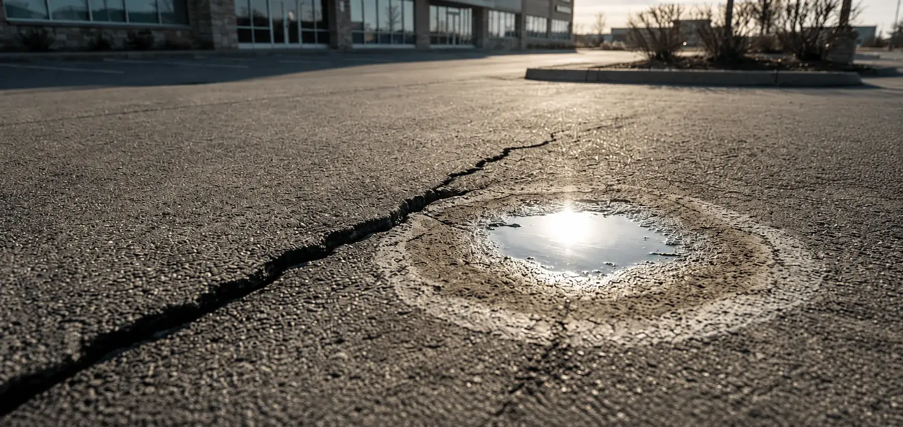 Cracked asphalt around an illuminated utility cover in a commercial parking lot at dusk.