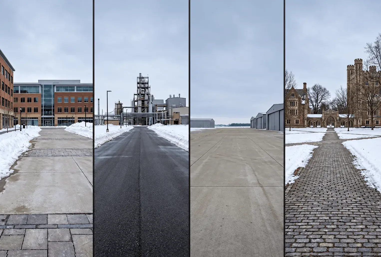 Four cleared surfaces side by side: a city street, a paved approach, a walkway and a block-paved path.