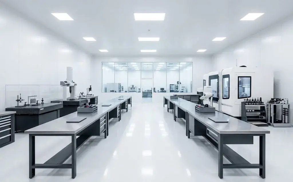 An empty assembly and test workshop with clear benches and inspection equipment.