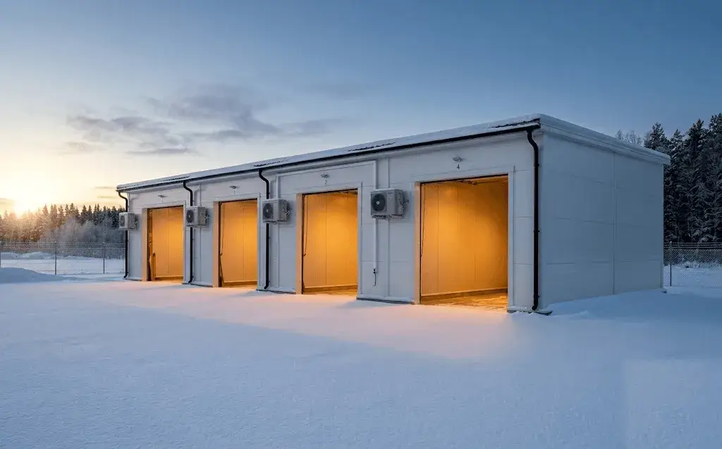 A lit equipment building with four roll-up doors at dusk, snow on the ground outside.