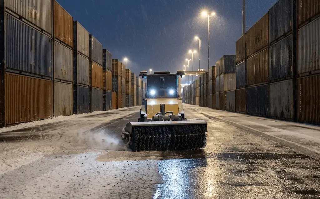 The SMUR X1 at dusk pushing snow with its front V-plough, annotated with callouts naming its autonomous sensor cabin, multi-layer perception system and reinforced plough chassis.