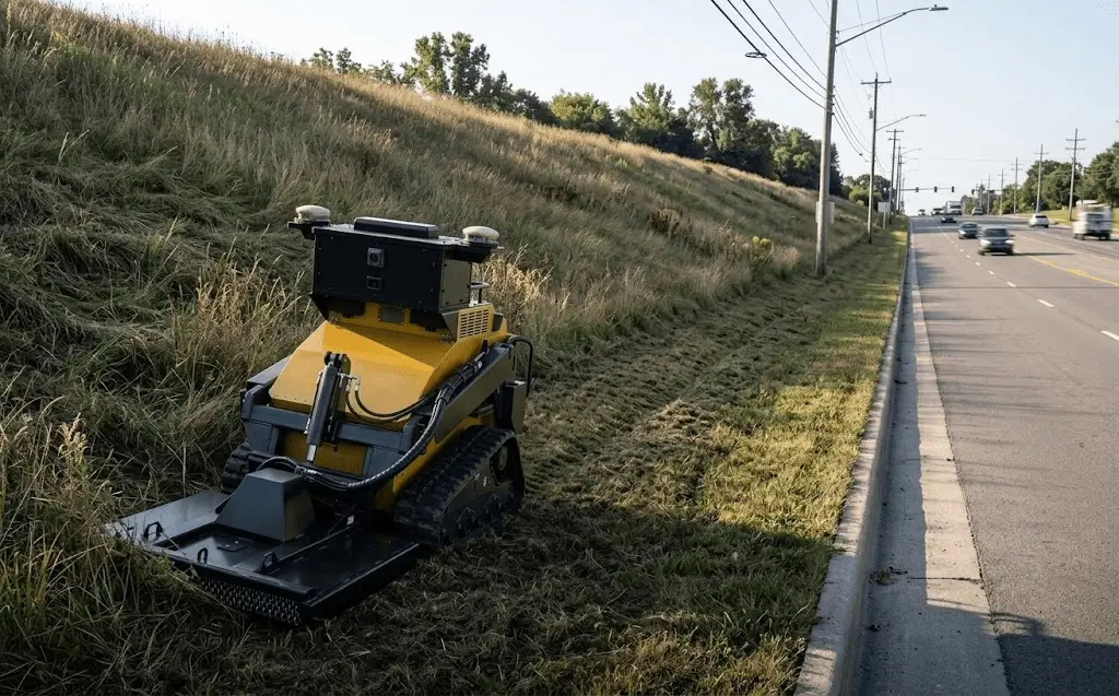 The SMUR X1 fitted with the sweeper-brush attachment in place of the plough, annotated with its cleaning depth and debris capacity.