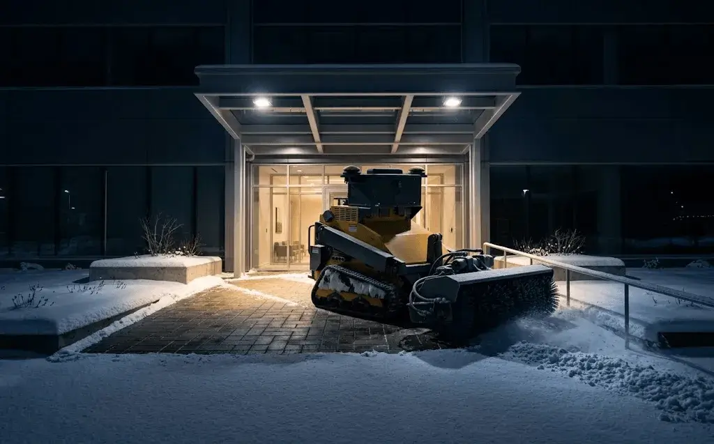 A SMUR X1 clearing snow from a lit building entrance under the canopy at night.