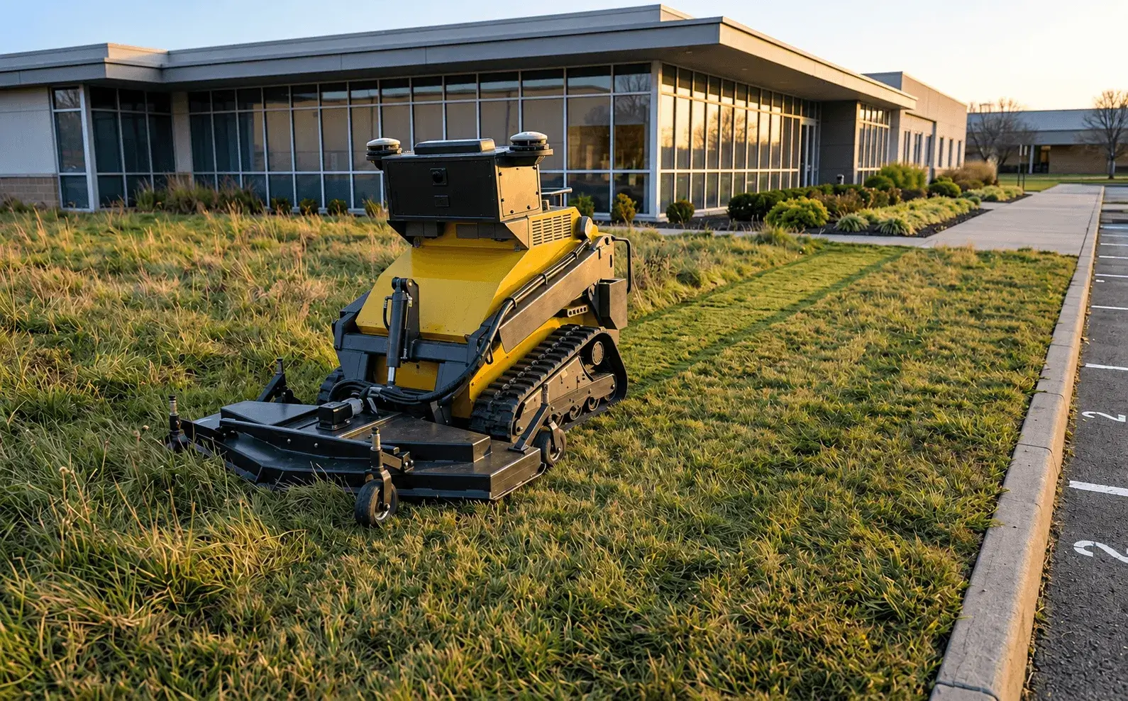 A SMUR X1 autonomous mower cutting the grass strip outside a low-rise office building at first light.