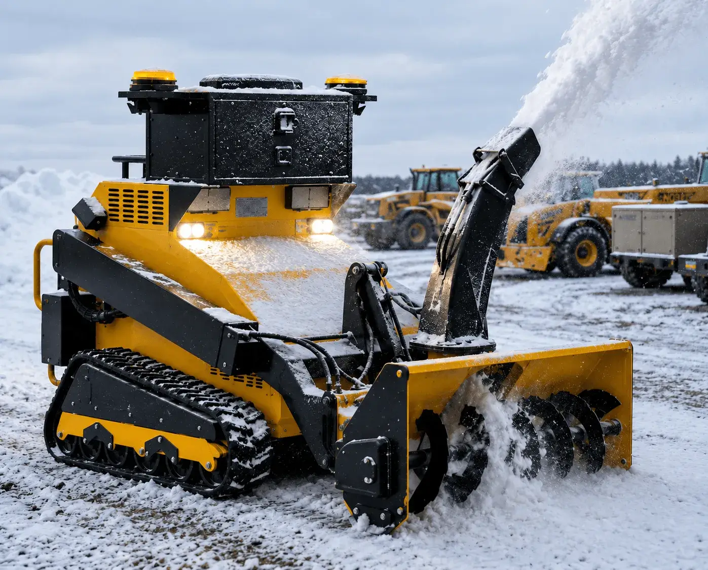 A SMUR X1 robotic snow removal unit throwing snow with a blower in a cleared industrial yard.