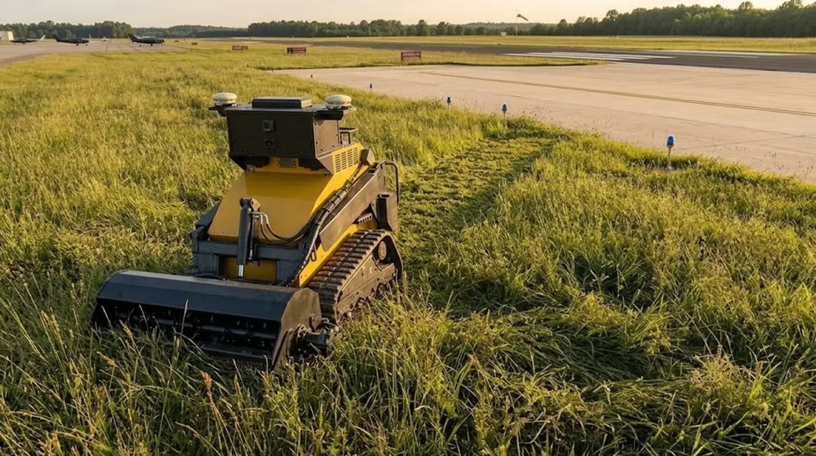 A SMUR X1 mowing the grass verge beside an airfield runway at dusk with a flail mower head.