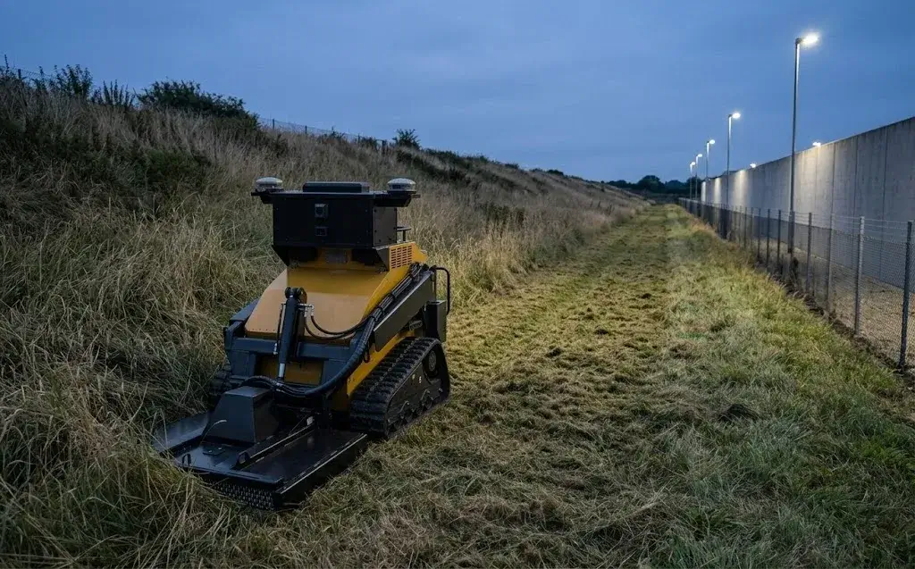 A SMUR X1 mowing the grass strip along a lit perimeter wall and security fence at dusk.
