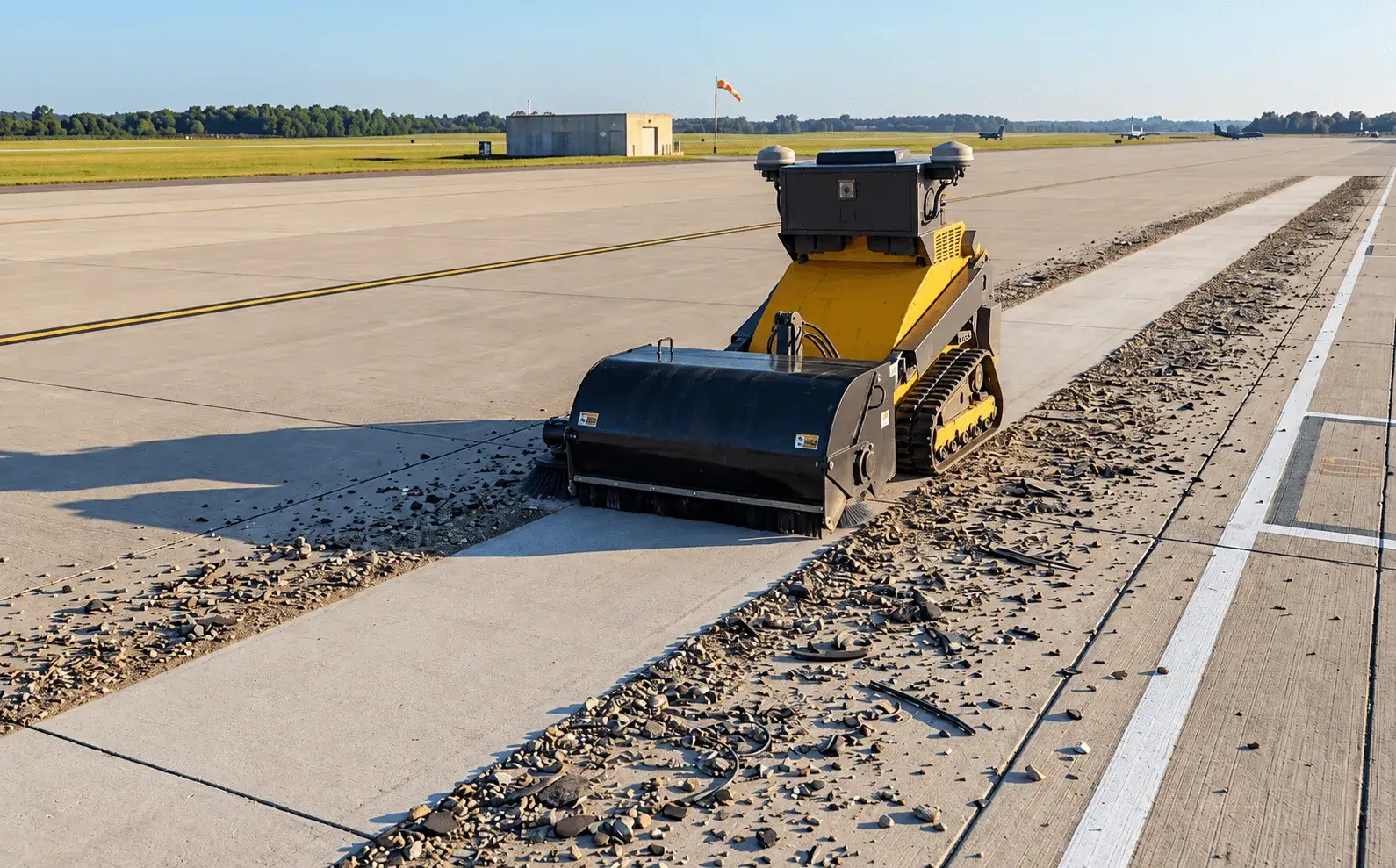 A SMUR X1 sweeping loose stone from the edge of an airfield apron, with a windsock across the field.