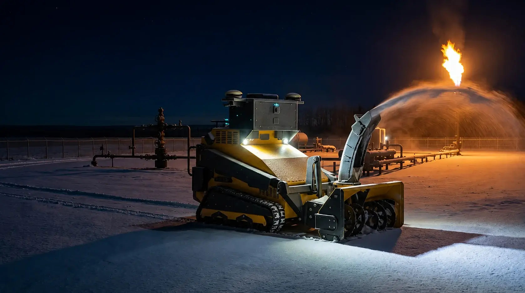 A SMUR X1 clearing snow at night on an industrial site, with a flare stack burning behind it.