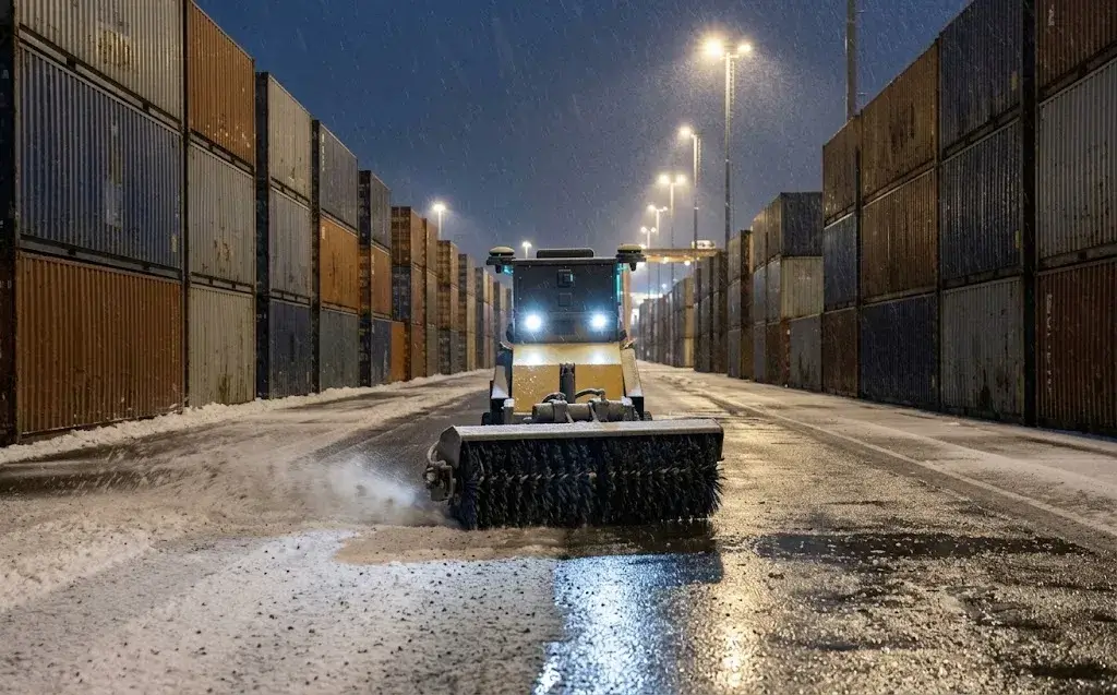 A SMUR X1 sweeping a wet haul road between stacked shipping containers at night.
