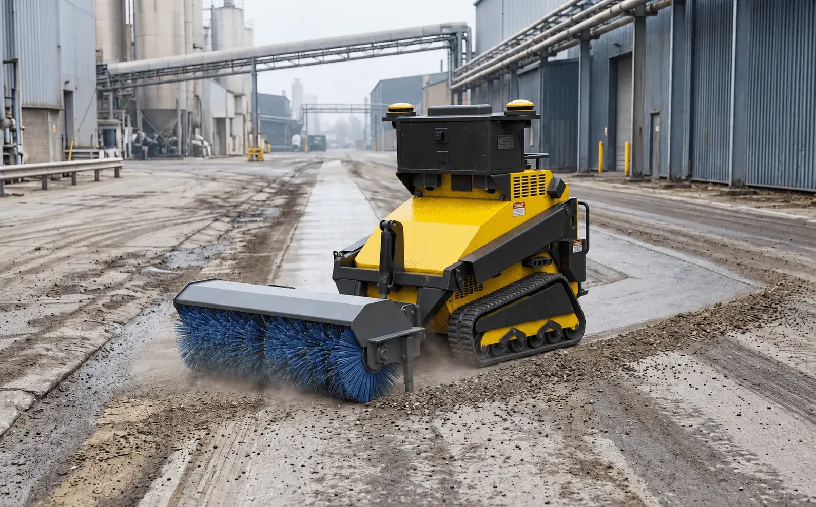 A SMUR X1 sweeping a dusty haul road between plant buildings and storage silos.