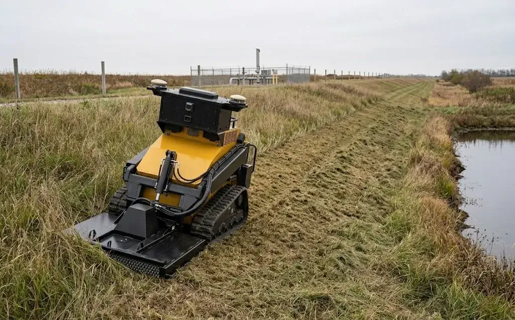 A SMUR X1 mowing the grass bank of a drainage channel beside a fenced utility site.