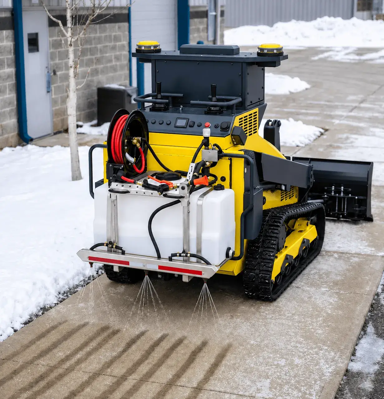 A SMUR X1 fitted with a liquid de-icing sprayer and hose reel treating a snow-covered path beside a public building.