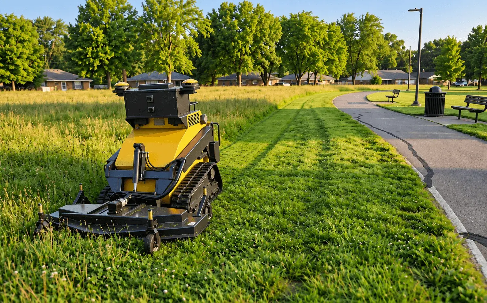 A SMUR X1 mowing parkland beside a paved public trail, with benches and housing behind.