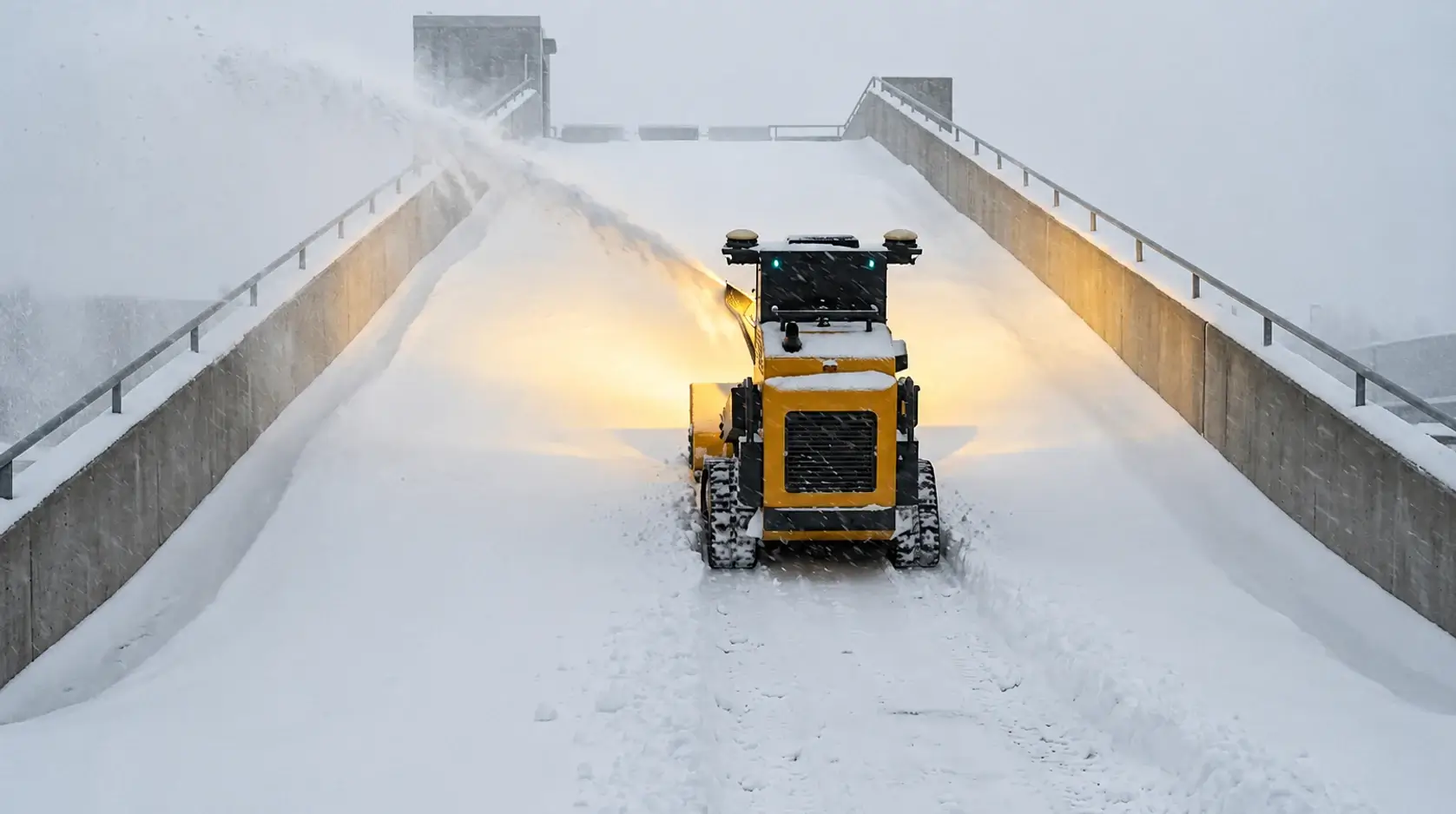A SMUR X1 snow shoveling robot clearing deep snow from a walled ramp during heavy snowfall.