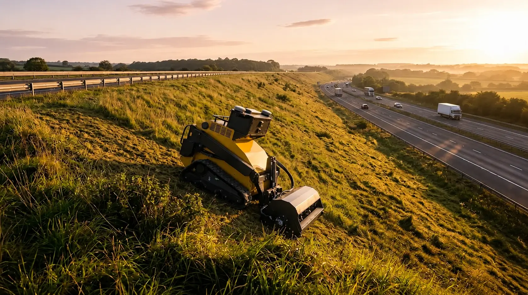 A SMUR X1 mowing a steep highway embankment at sunrise with traffic on the carriageway below.
