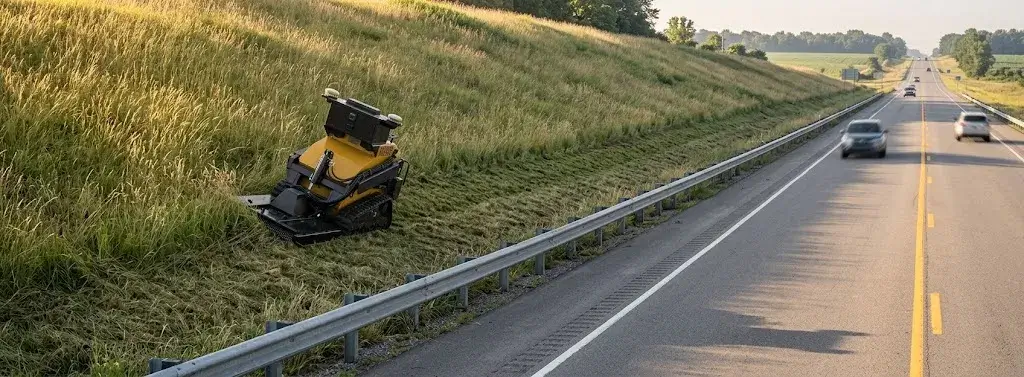 A SMUR X1 mowing a highway embankment behind the guardrail while traffic runs alongside.