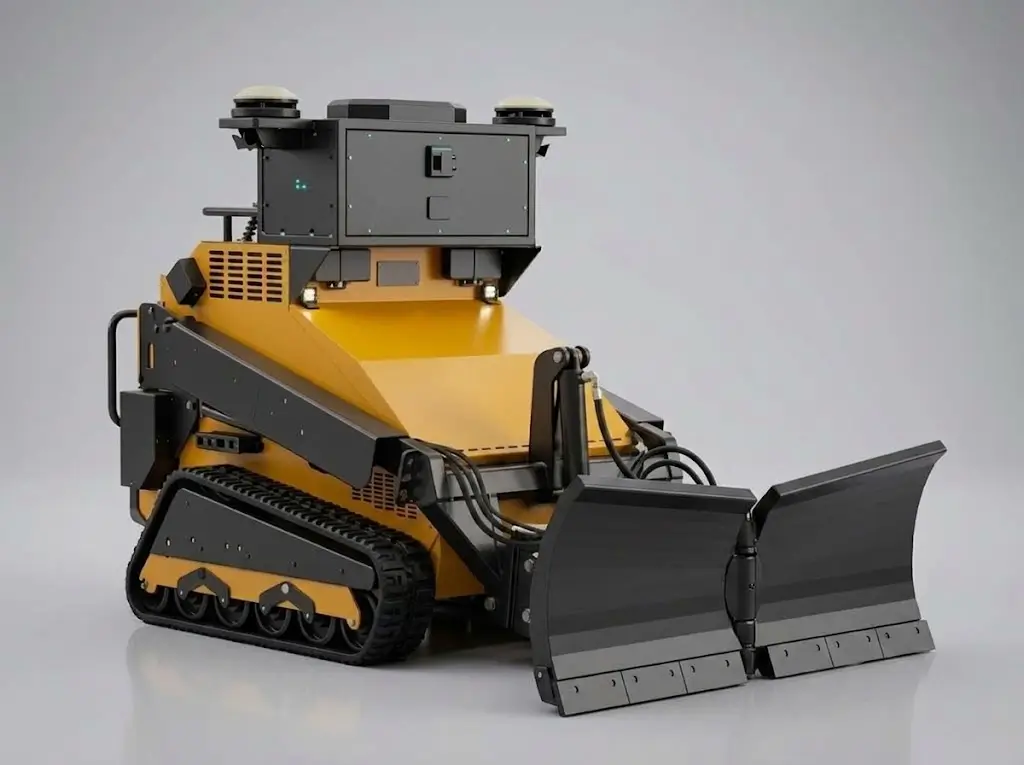 Autonomous robot snow plow fitted with the four-configuration adjustable V-plow blade