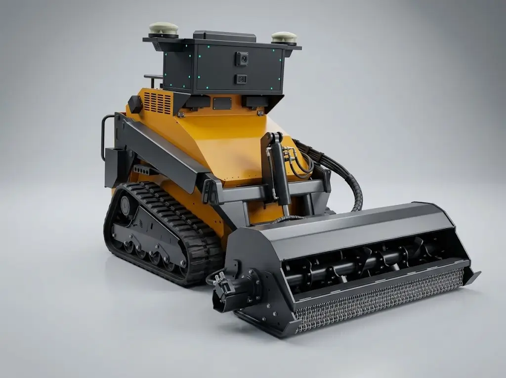 The SMUR X1 flail mower attachment mounted on the tracked base unit, studio view.
