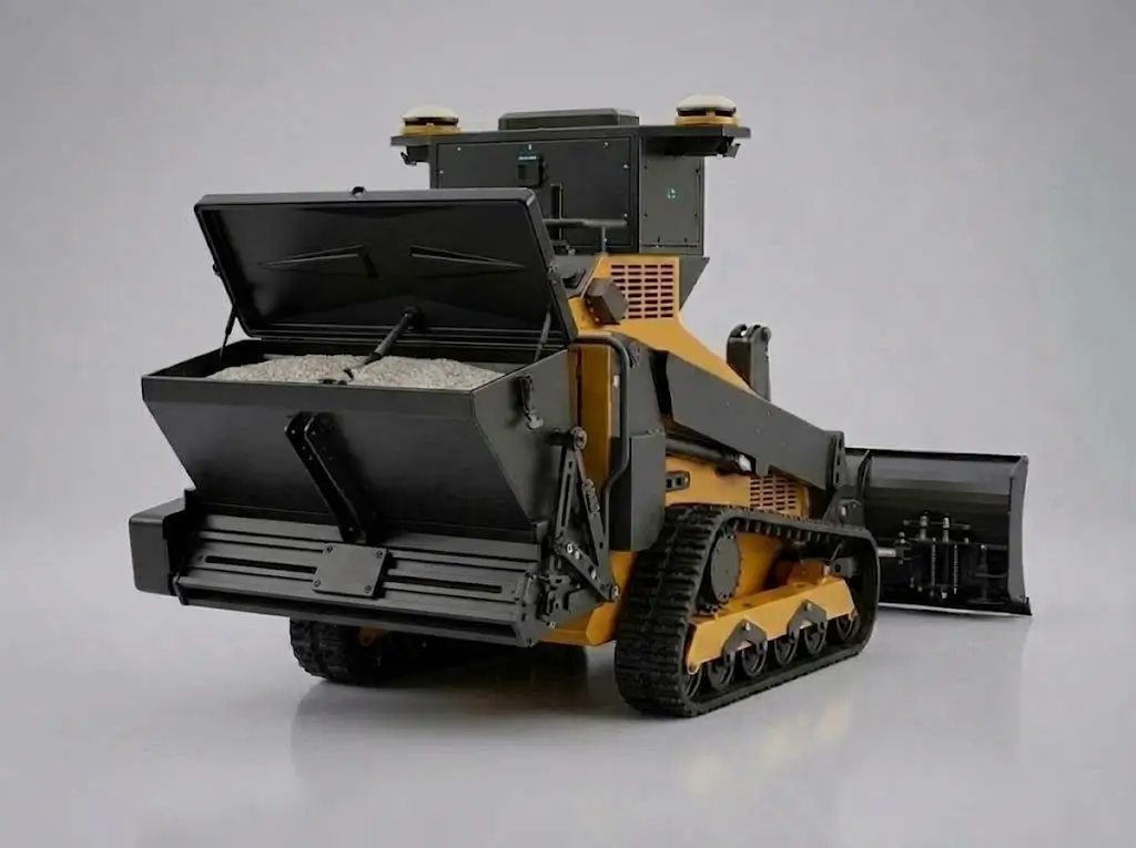 The SMUR X1 granular de-icing spreader, a rear hopper paired with a front plow blade on the tracked base unit.
