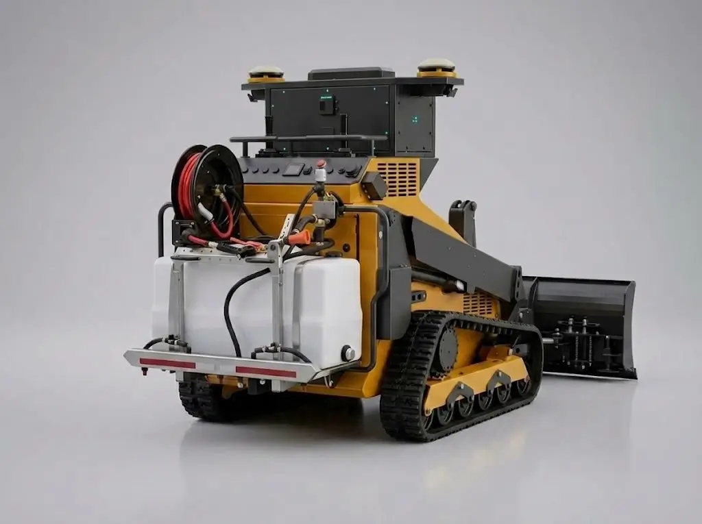 The SMUR X1 liquid de-icing sprayer, a tank and hose reel mounted on the tracked base unit.