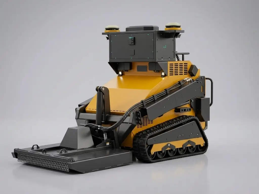 The SMUR X1 rotary brush cutter attachment mounted on the tracked base unit, studio view.