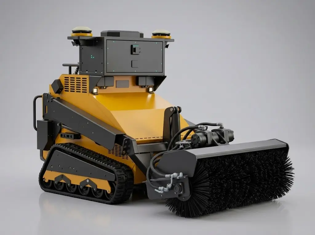 The SMUR X1 snow and debris sweeper brush, a cylindrical bristle head on the tracked base unit.