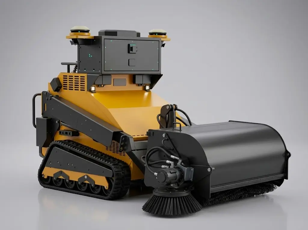 The SMUR X1 sweeper with bin collector, a brush head and collection bin on the tracked base unit.