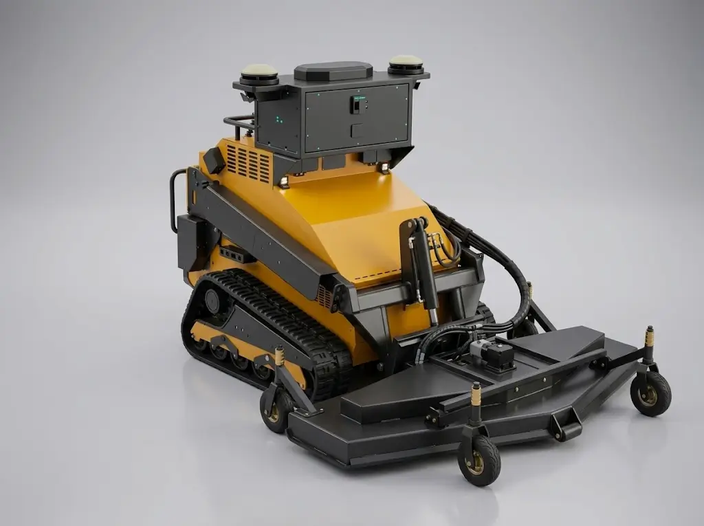 The SMUR X1 turf rotary mower attachment with rear rollers, mounted on the tracked base unit.