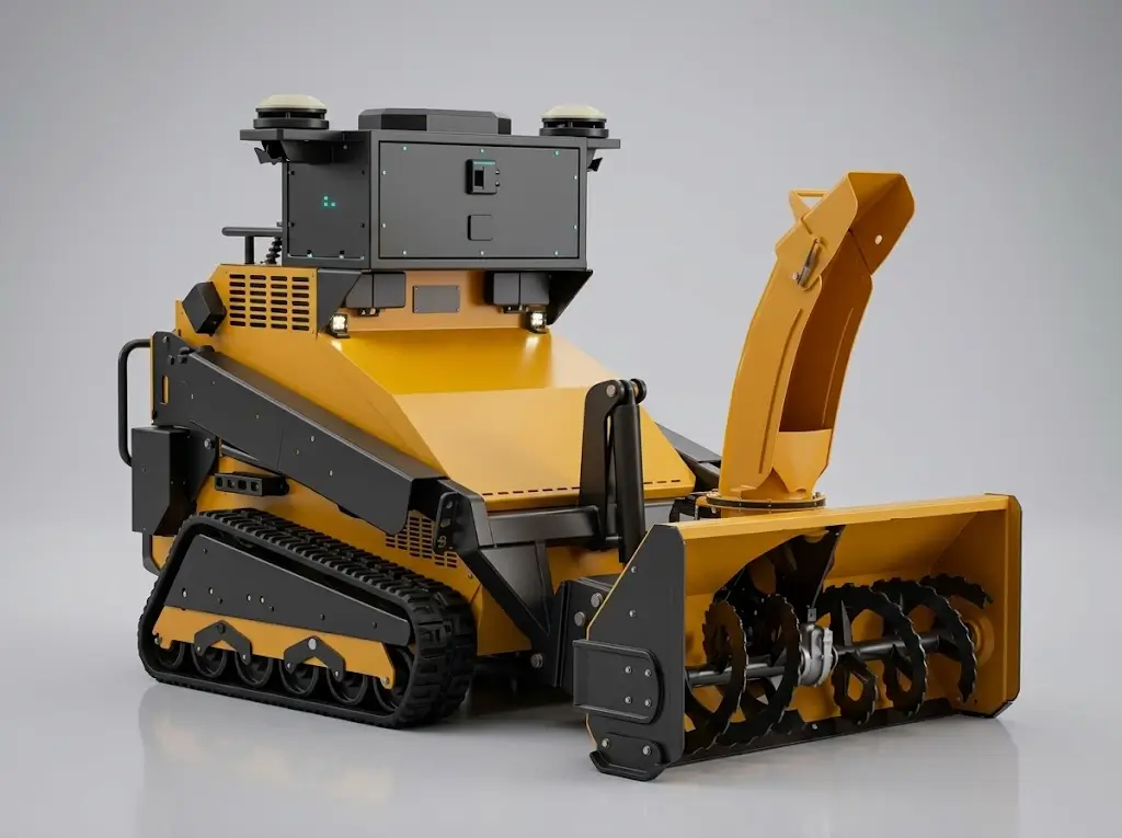 The SMUR X1 two-stage snow blower attachment with its discharge chute, mounted on the tracked base unit.