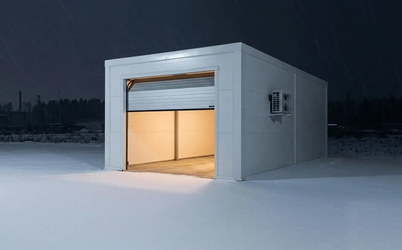 A SMUR X1 with a snow blower parked under the lit canopy of a heated docking station at night.
