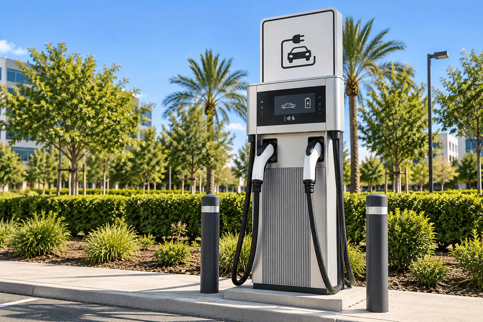 A public EV charging pedestal on a landscaped forecourt, showing the universal charging standard the platform accepts.