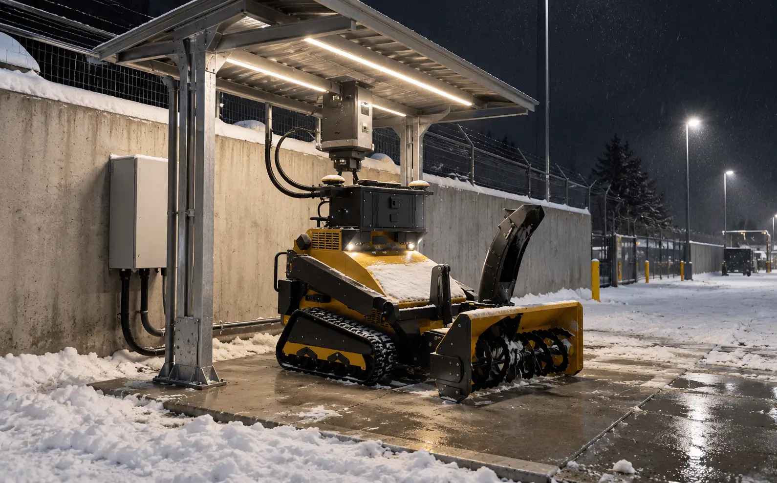 The enclosed heated docking station with its door open and a SMUR X1 inside, on a snowfield at dusk.
