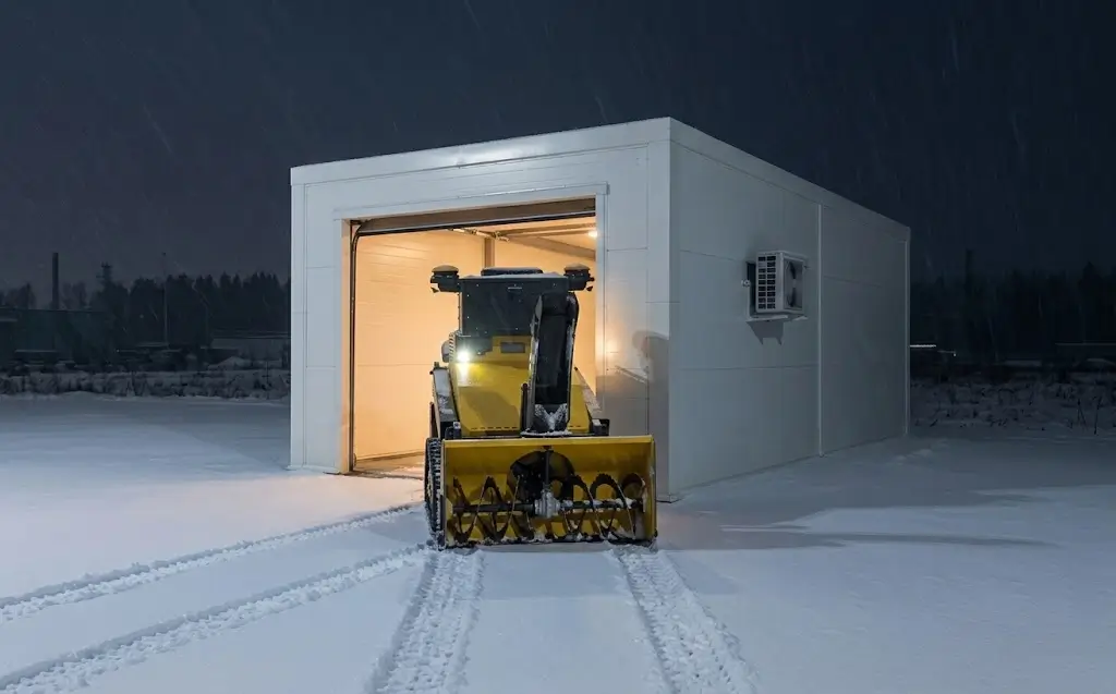 A SMUR X1 driving out of its heated docking station onto fresh snow.