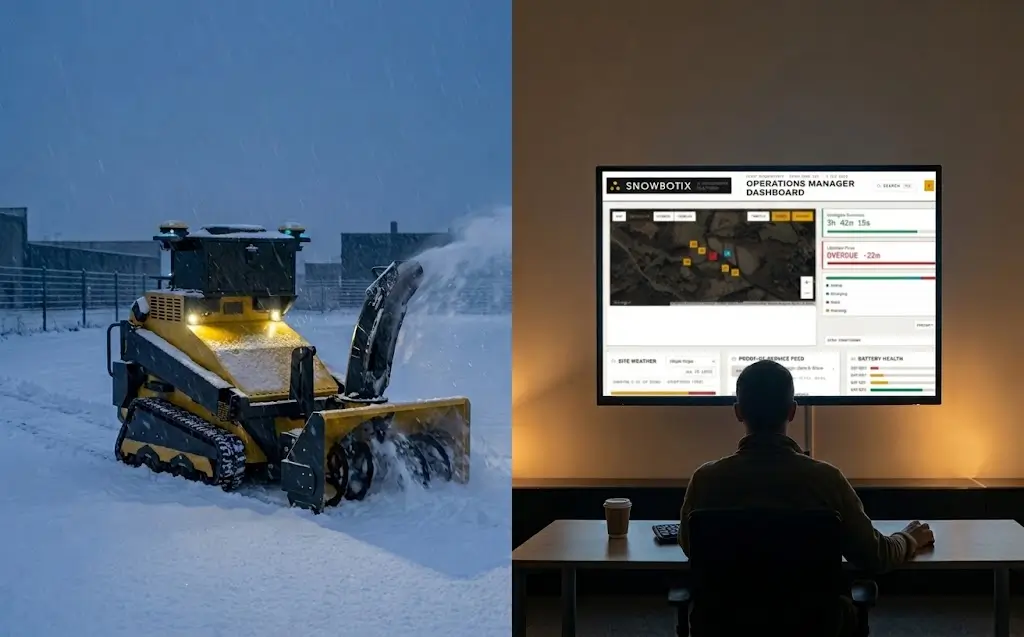 A SMUR X1 clearing snow alongside an operator watching the same run on a remote monitoring dashboard.