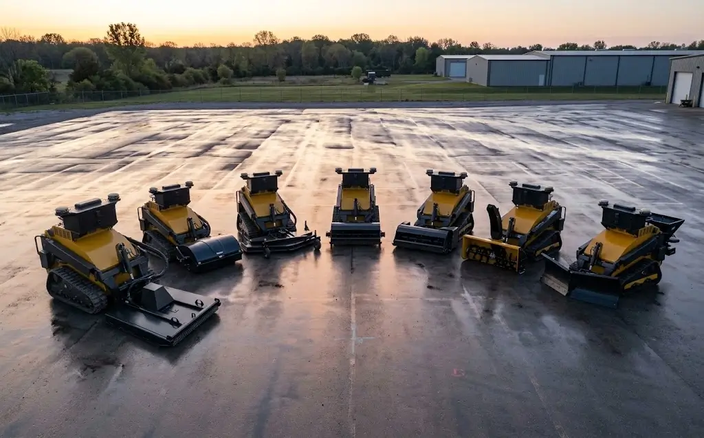 Six SMUR X1 snow removal robots with different attachments drawn up in a semicircle on a wet lot at sunset.