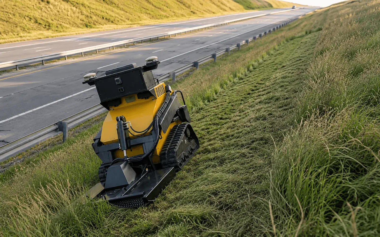 A SMUR X1 mowing a steep grass embankment beside a motorway with a flail mower head.