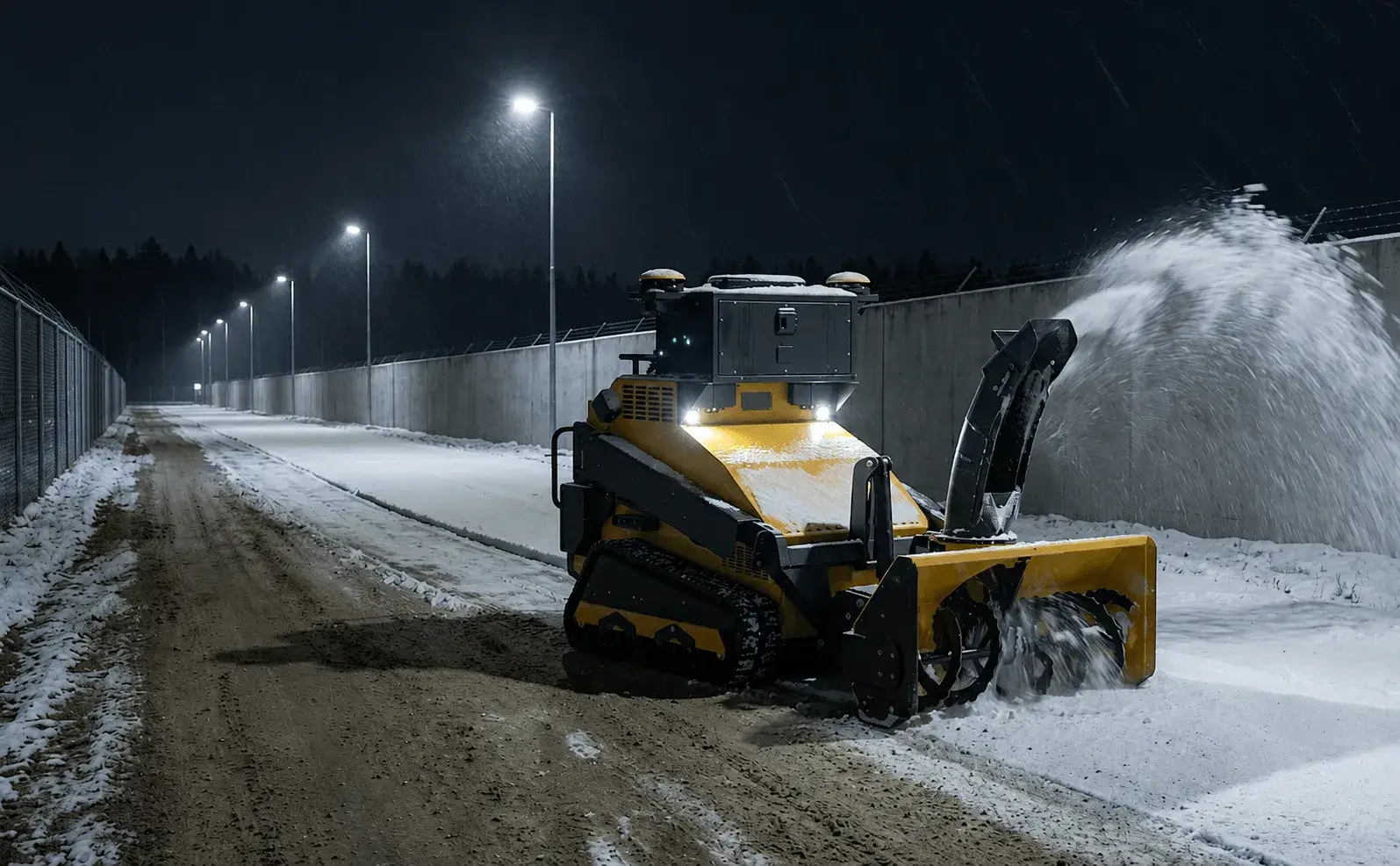 Autonomous snow removal robot clearing accumulation from a roadway at night using the two-stage snow blower attachment