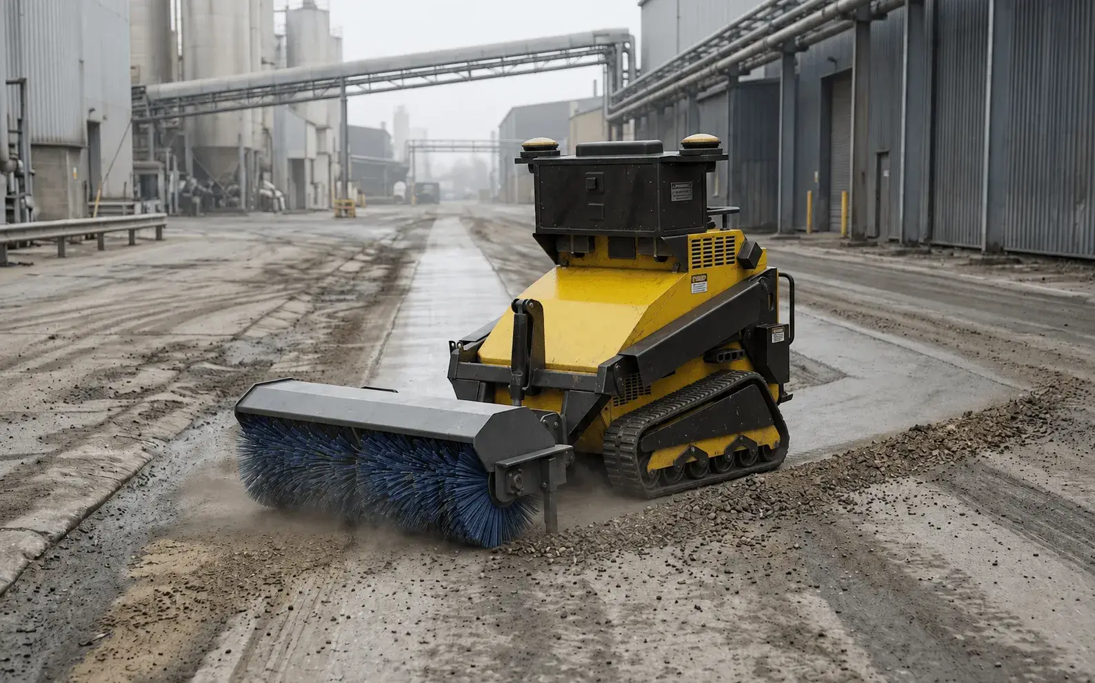 A SMUR X1 with a blue sweeper brush clearing debris from a wet yard in front of industrial silos.