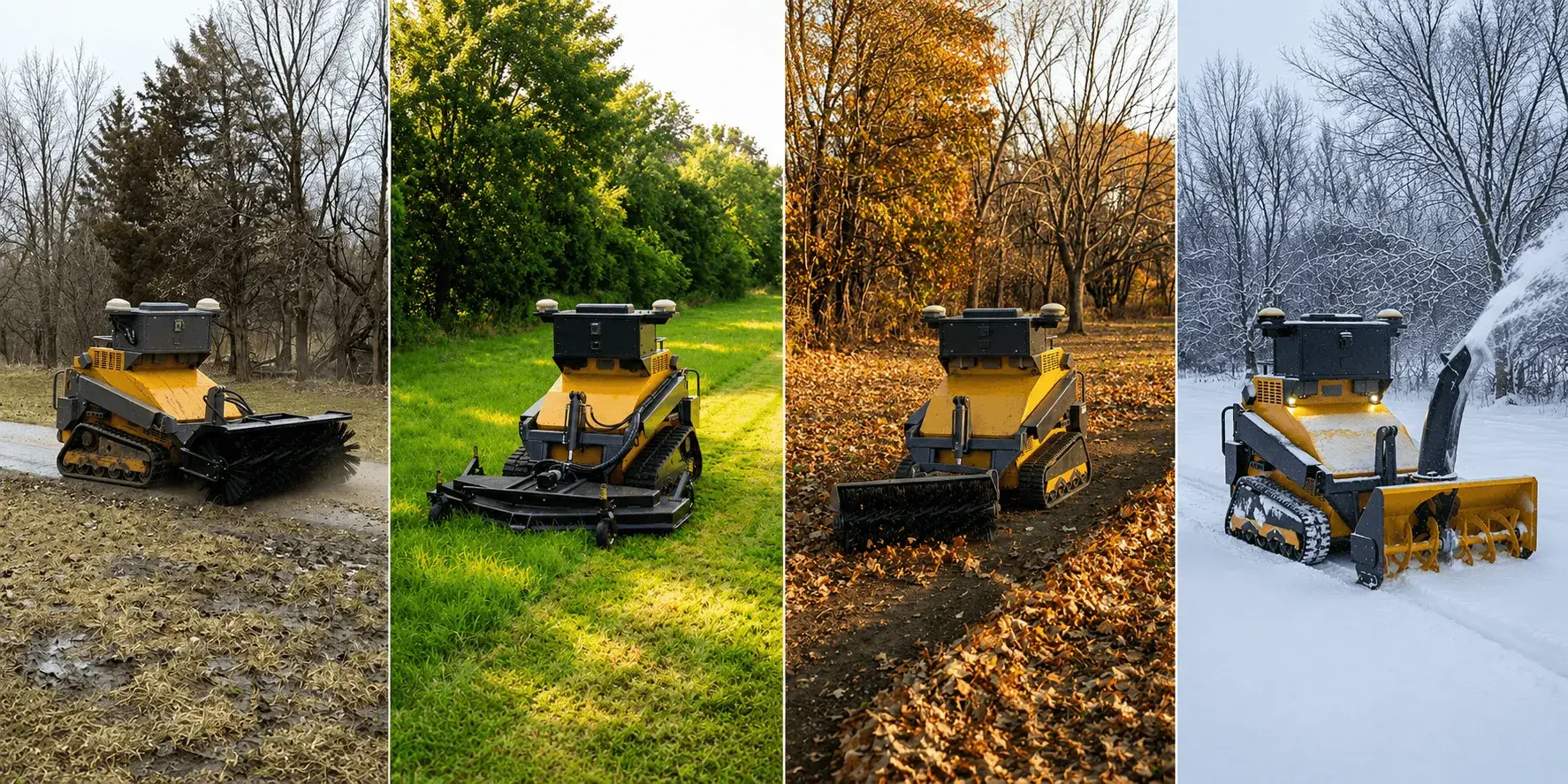 The same SMUR X1 base unit across four seasons: mowing in spring, mowing in summer, sweeping leaves in autumn and plowing snow in winter.