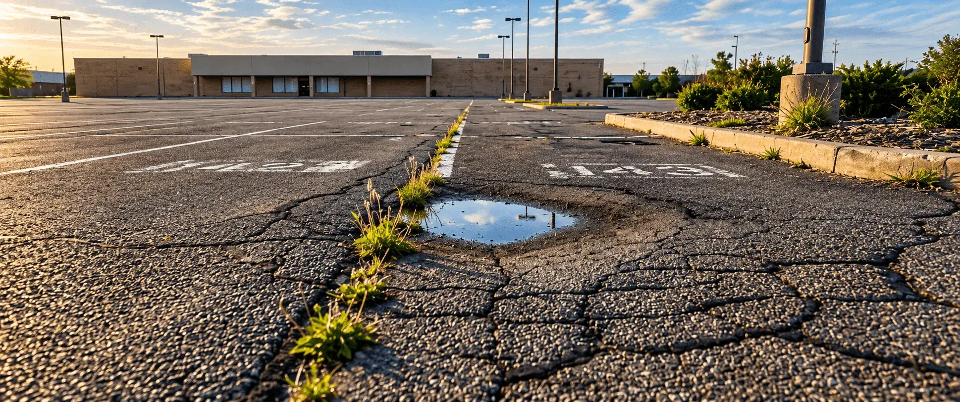 A cracked and potholed car park with weeds through the surface in front of a low commercial building.