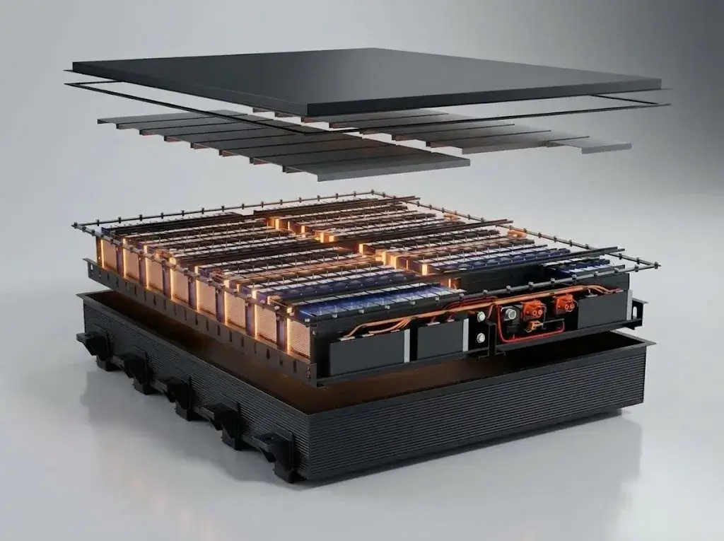 Exploded view of the SMUR X1 battery pack, showing stacked plates above a tray of cylindrical cells in a sealed housing.