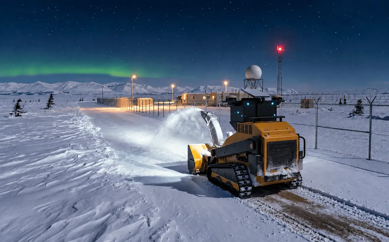 A SMUR X1 clearing snow at a remote arctic site at night, with satellite dishes and antenna masts behind under the aurora.