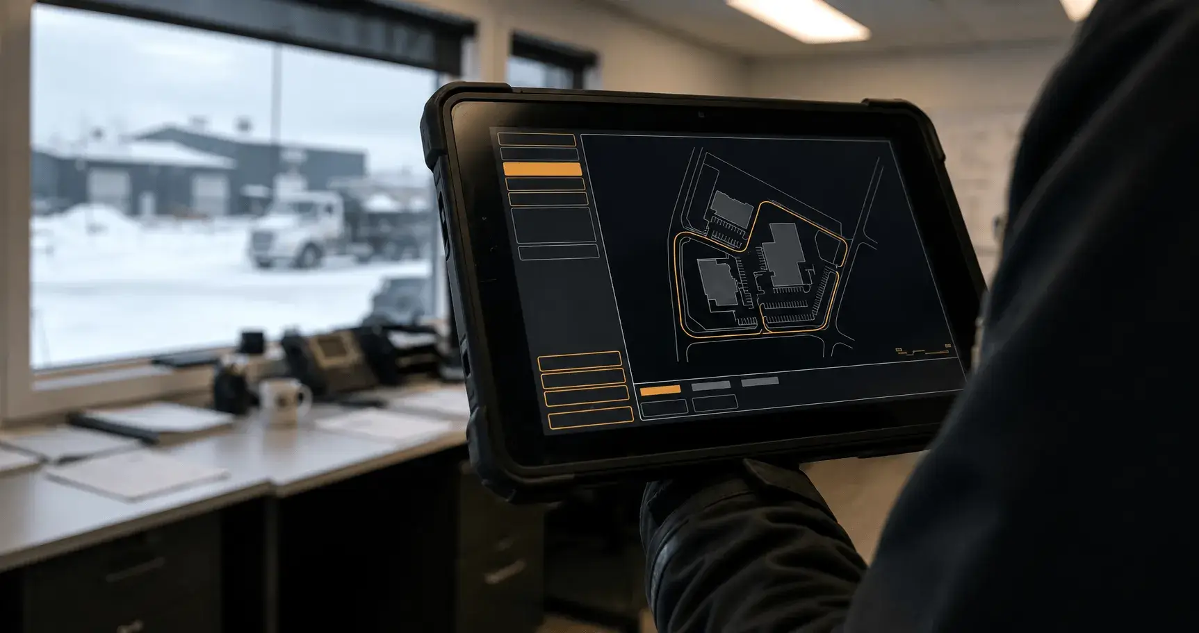 An operator holding a rugged control tablet showing a security shield interface, with a snow-covered yard through the window behind.